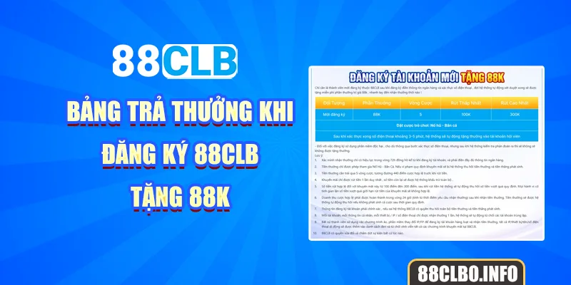 bảng trả thưởng khi đăng ký 88CLB tặng 88k